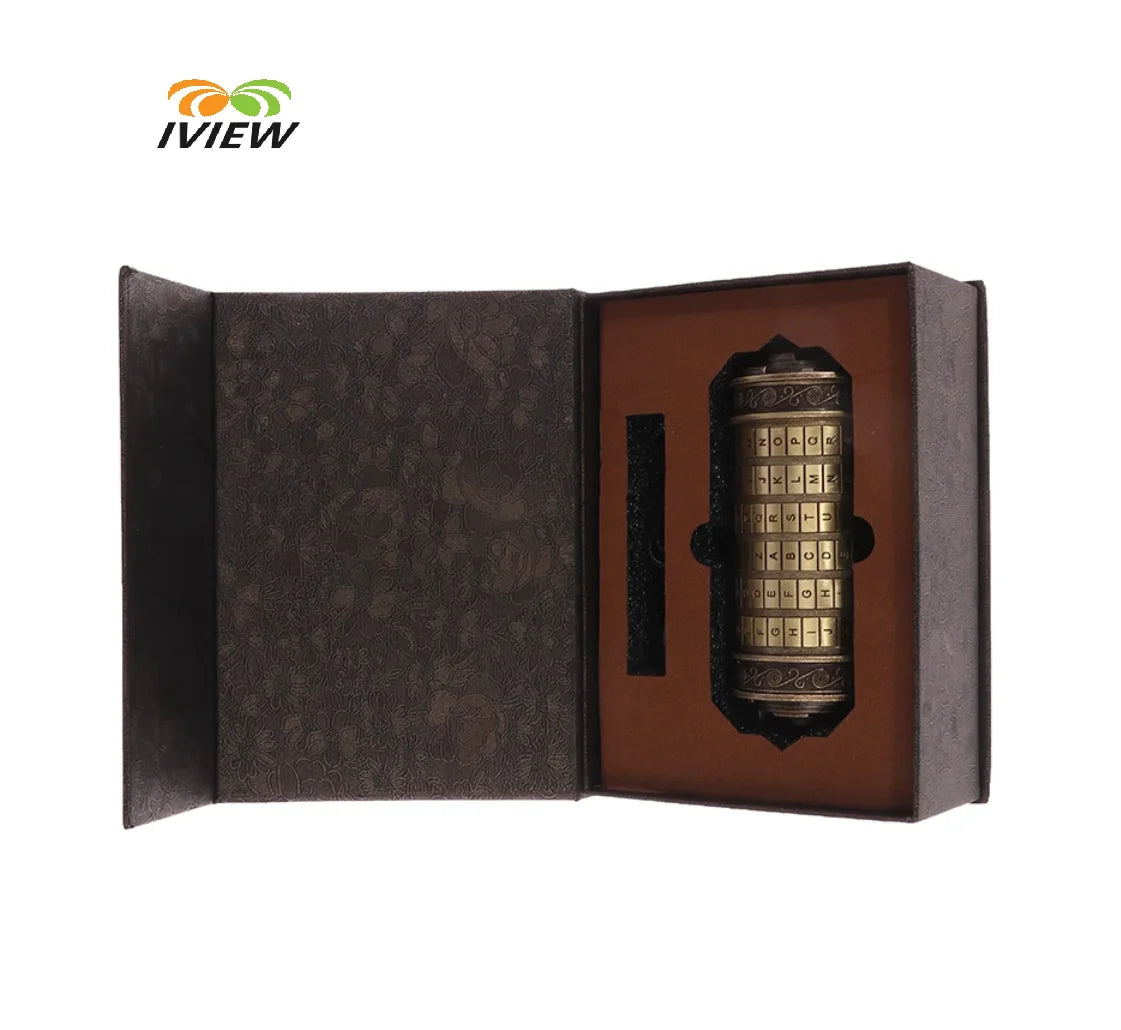 A dark brown metal cryptex lock featuring rings, displayed in an open box.