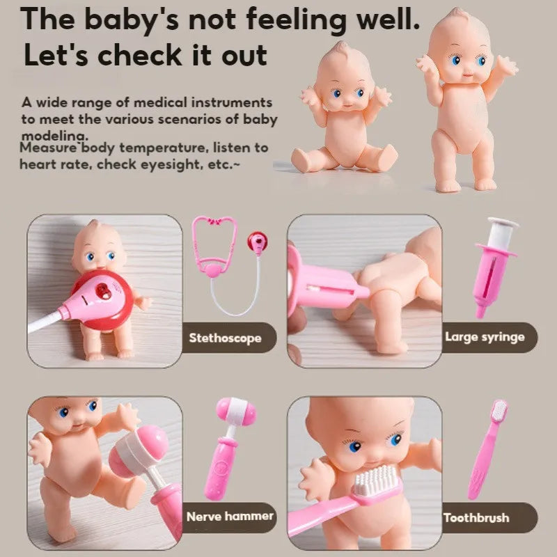 A set of pink baby dolls and various medical instruments including a stethoscope, large syringe, nerve hammer, and toothbrush