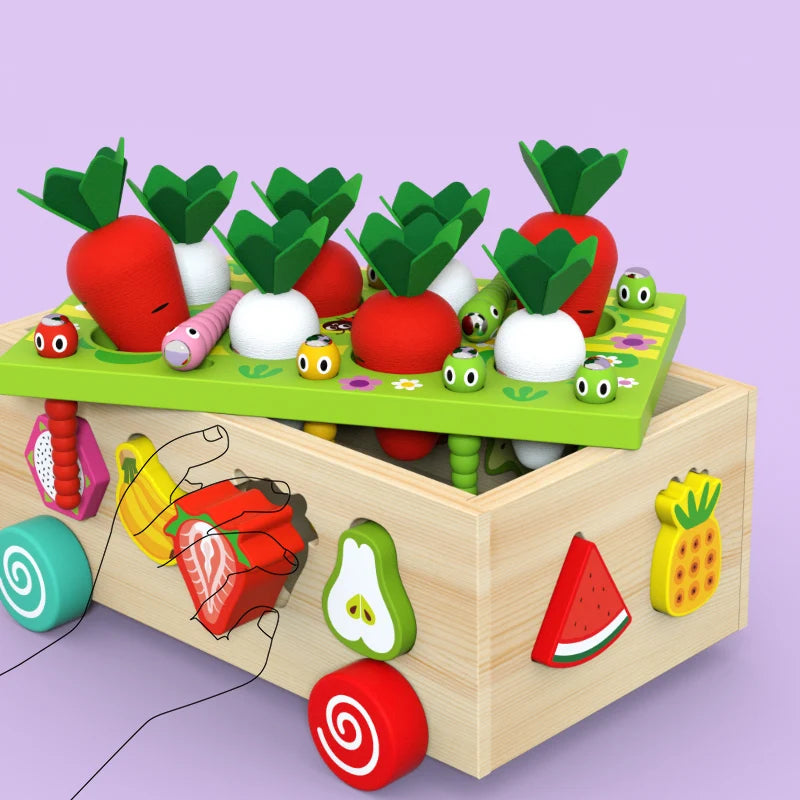 A wooden toy set featuring magnetic radish shapes and various fruit shapes for matching and stacking.