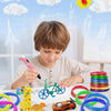 A child is engaged in crafting with various multi-colored PLA filament pens and small toys on a white surface.
