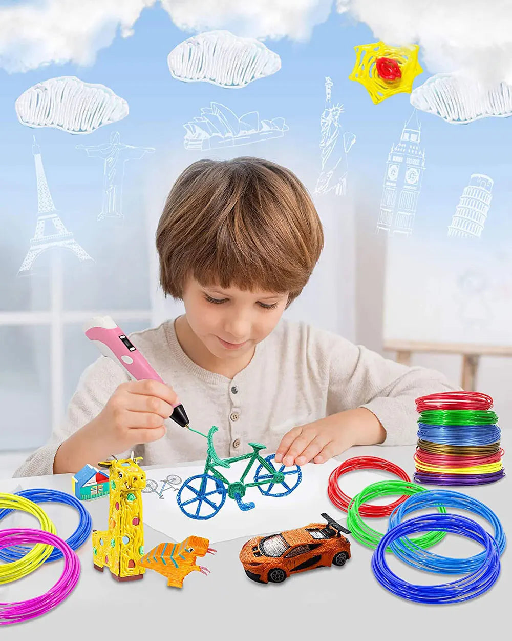 A child is engaged in crafting with various multi-colored PLA filament pens and small toys on a white surface.
