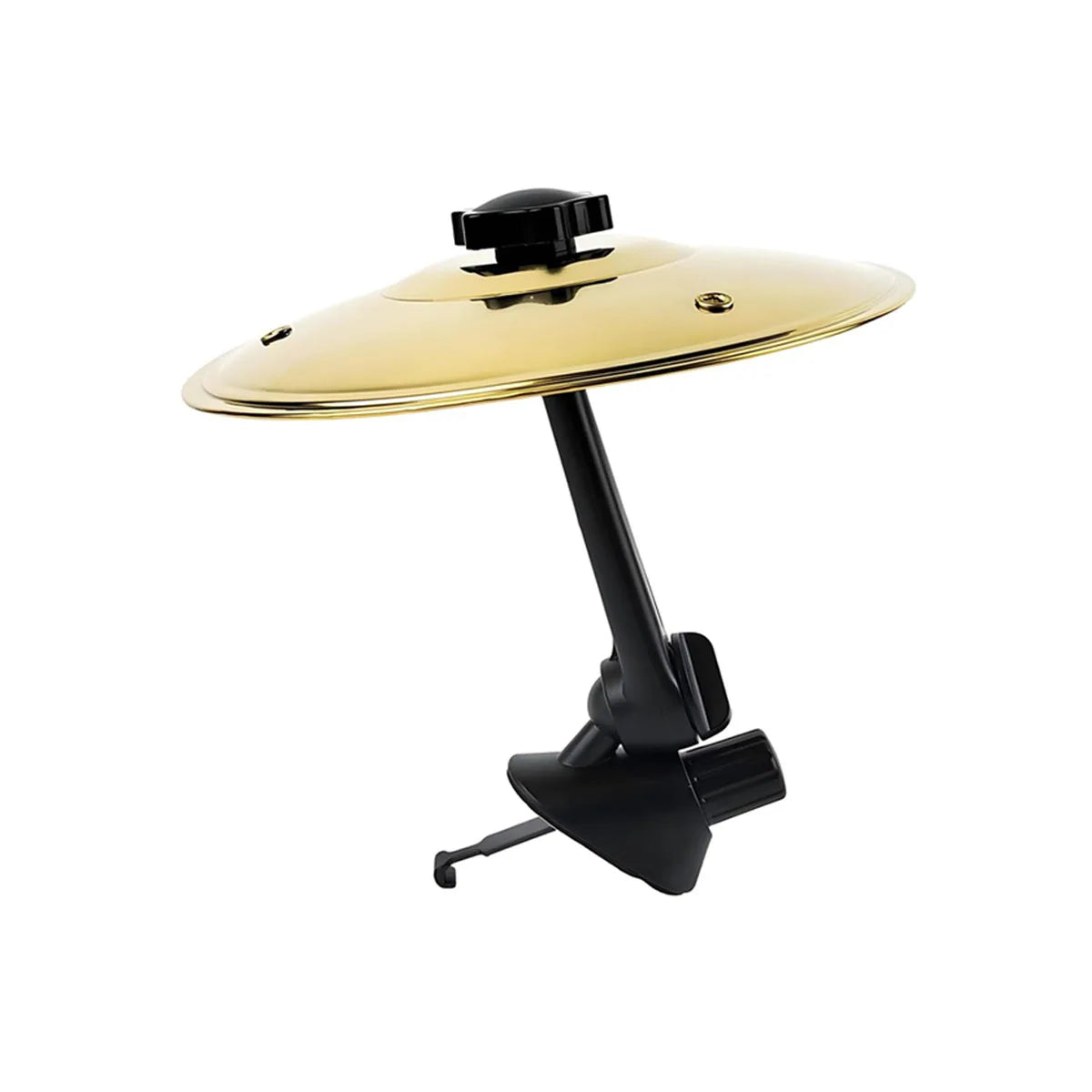 A gold-colored clip-on car vent drum cymbal with a black adjustable hook.