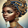 A portrait of a woman adorned with intricate gold and blue beadwork and jewelry.