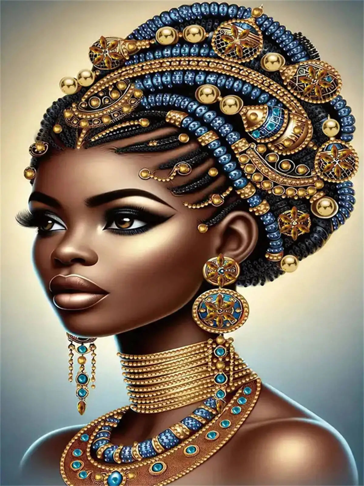 A portrait of a woman adorned with intricate gold and blue beadwork and jewelry.