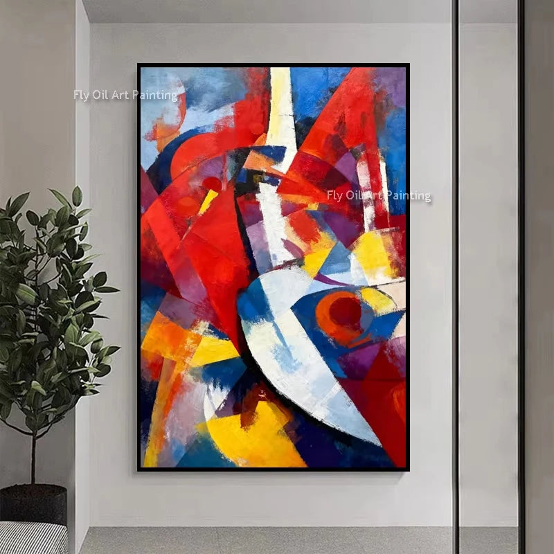 A vibrant abstract painting featuring bold strokes of red, blue, yellow, and white on a canvas.
