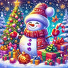 A festive 5D diamond painting kit featuring a snowman and a Christmas tree surrounded by gifts and sparkling snow.