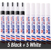 A set of ten permanent paint markers in black and white, arranged vertically.