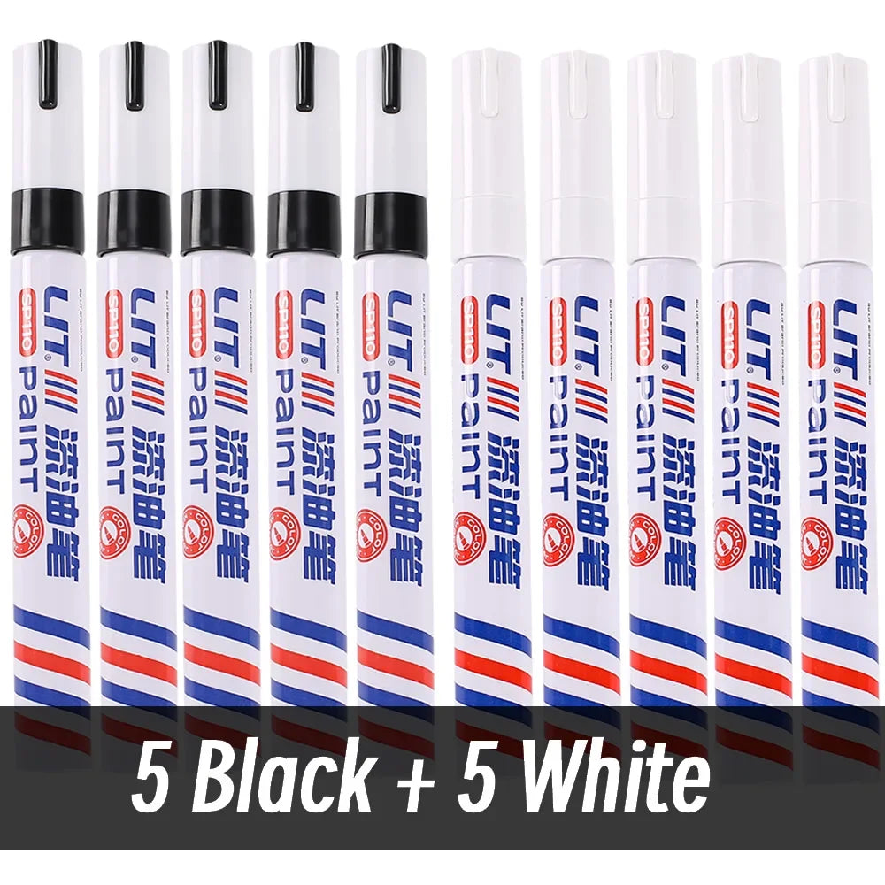 A set of ten permanent paint markers in black and white, arranged vertically.