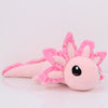 A pink kawaii axolotl plush toy with spiky pink hair and large black eyes.