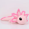 A pink kawaii axolotl plush toy with fluffy pink frills and large black eyes.