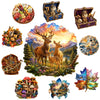 A collection of jigsaw puzzles featuring forest deer, woodland scenes, and nature elements set against a sunset background.