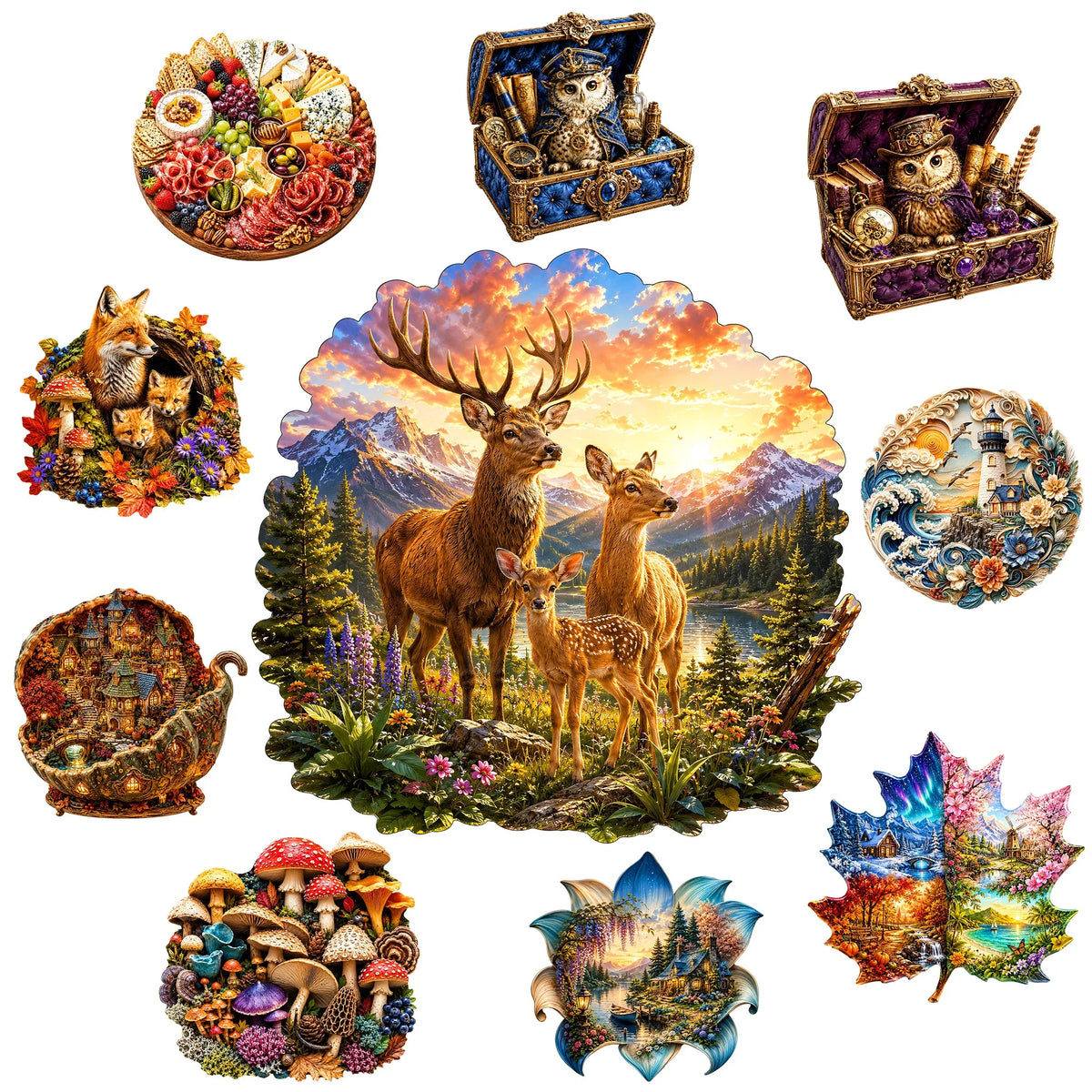 A collection of jigsaw puzzles featuring forest deer, woodland scenes, and nature elements set against a sunset background.