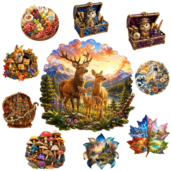 Mehrere Puzzles mit Waldhirschen, Waldszenen und Naturelementen vor einem Sonnenuntergang.