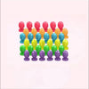 A collection of colorful balloons in various shades of pink, red, yellow, and blue arranged in a row.