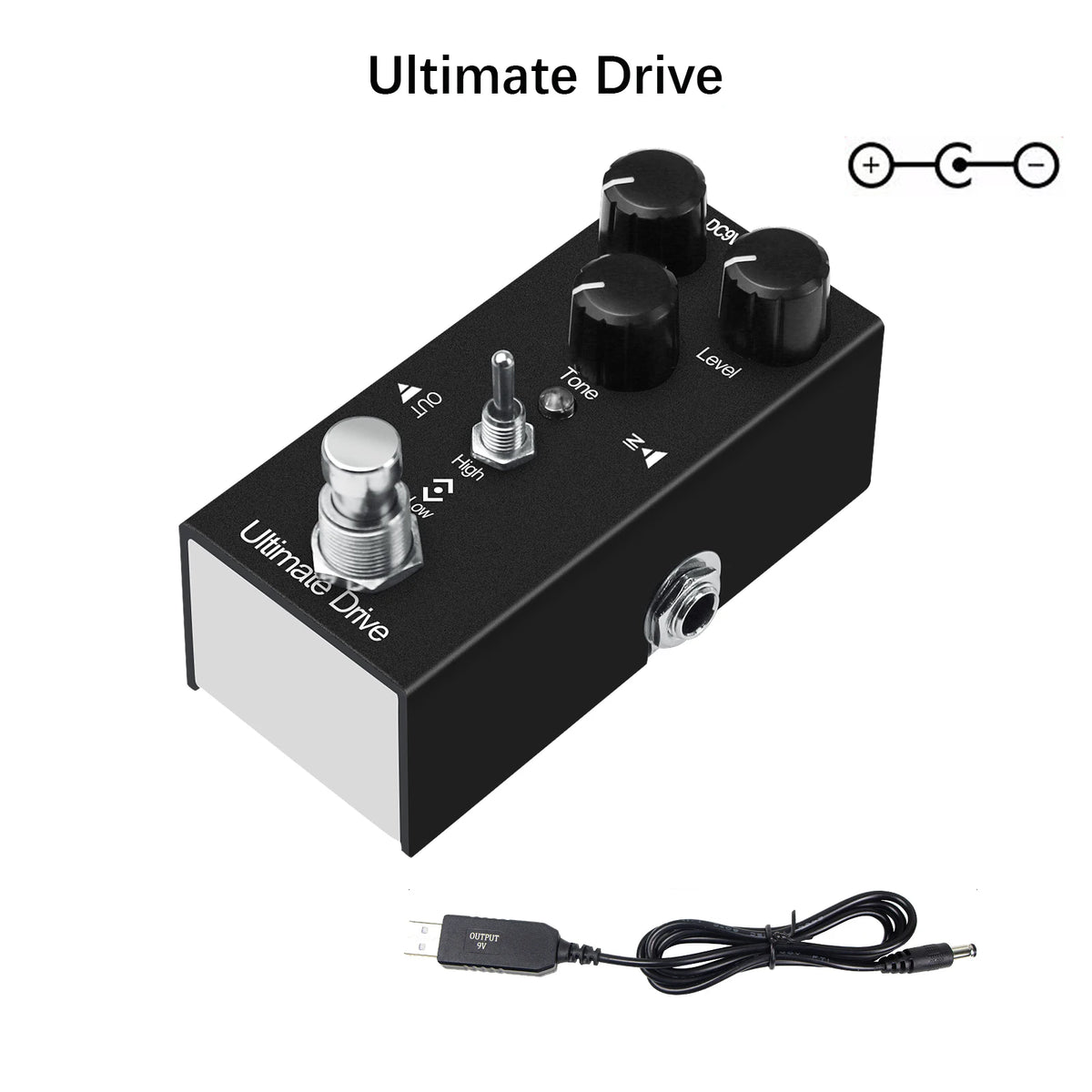 A black Ultimate Drive pedal with various knobs and an output jack, along with a cable.