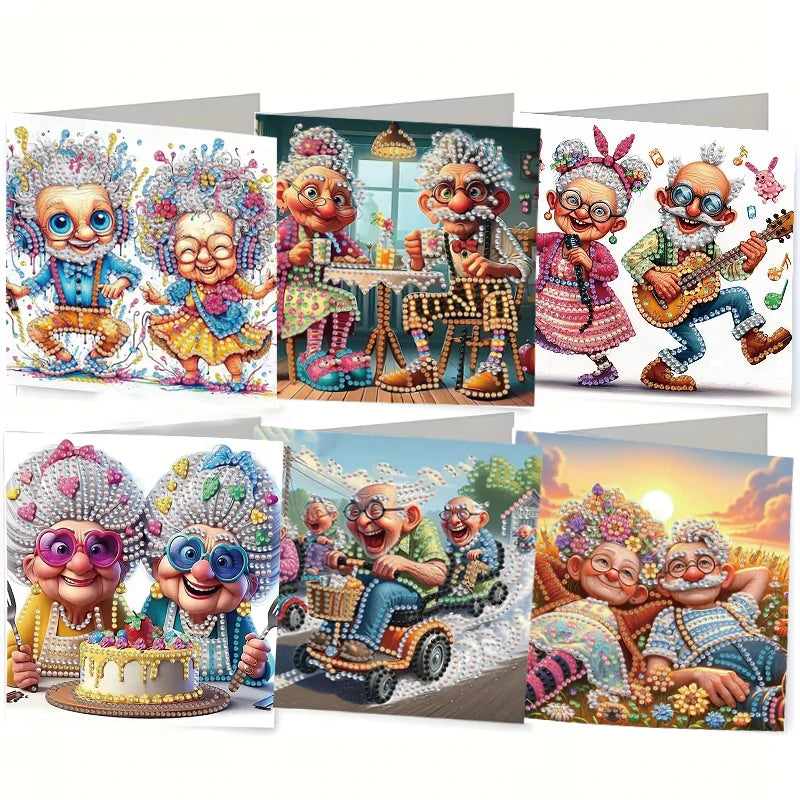 A set of diamond painting birthday cards featuring elderly men and women with flower and bird designs.