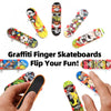 A collection of colorful graffiti finger skateboards displayed on a white background.