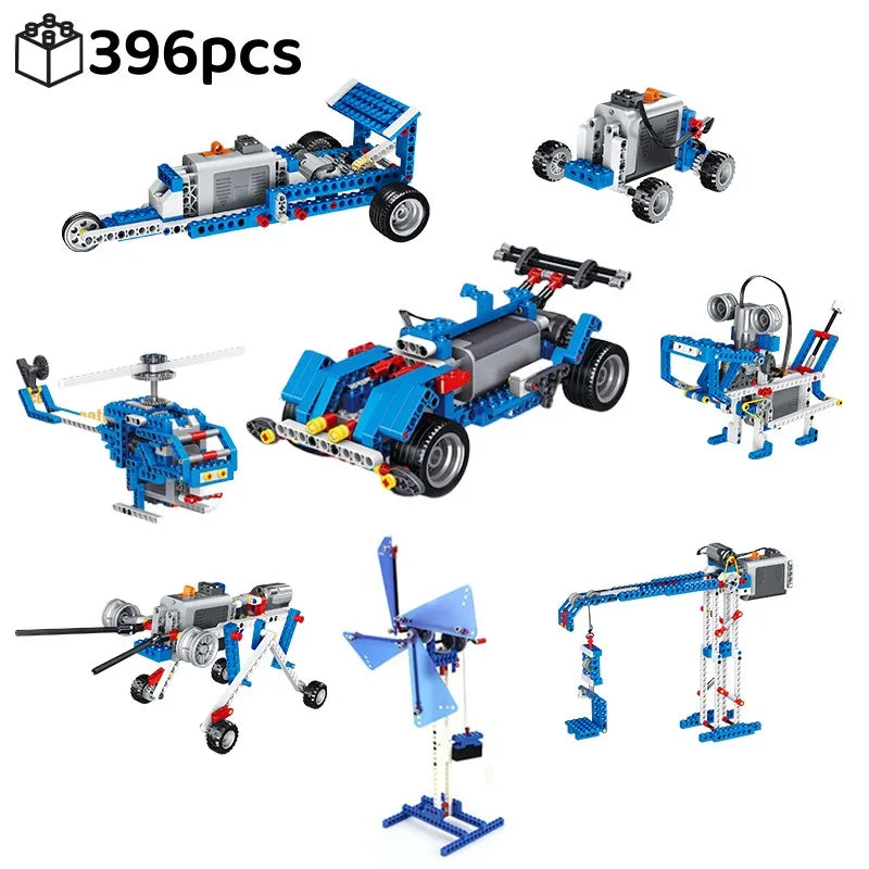 A set of 396 pieces STEM robotics engineering building kits featuring various robotic vehicles and mechanical structures.