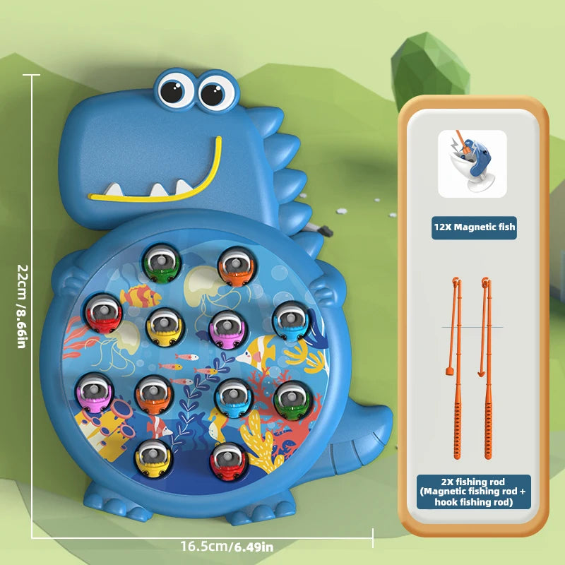 A blue dinosaur toy featuring 12 magnetic fishing hooks for kids