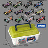 A set of mini pull-back cars in various colors and sizes with a storage bucket and measuring tape.