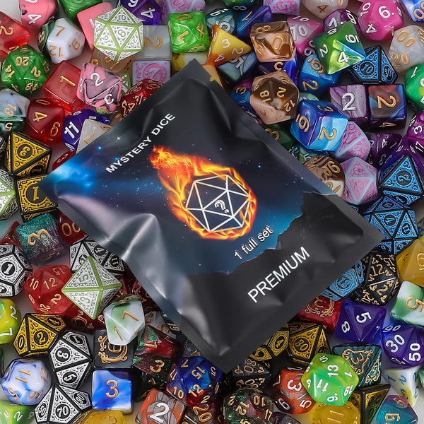 A pile of various polyhedral dice, including a prominent black bag labeled Mystery Dice Premium.
