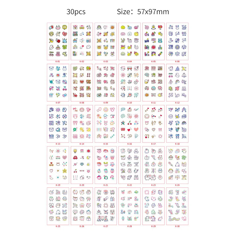 A grid display of 30 packs of temporary tattoos featuring various designs for kids and adults.
