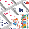 A stack of classic joker poker playing cards showing various face cards and suits.