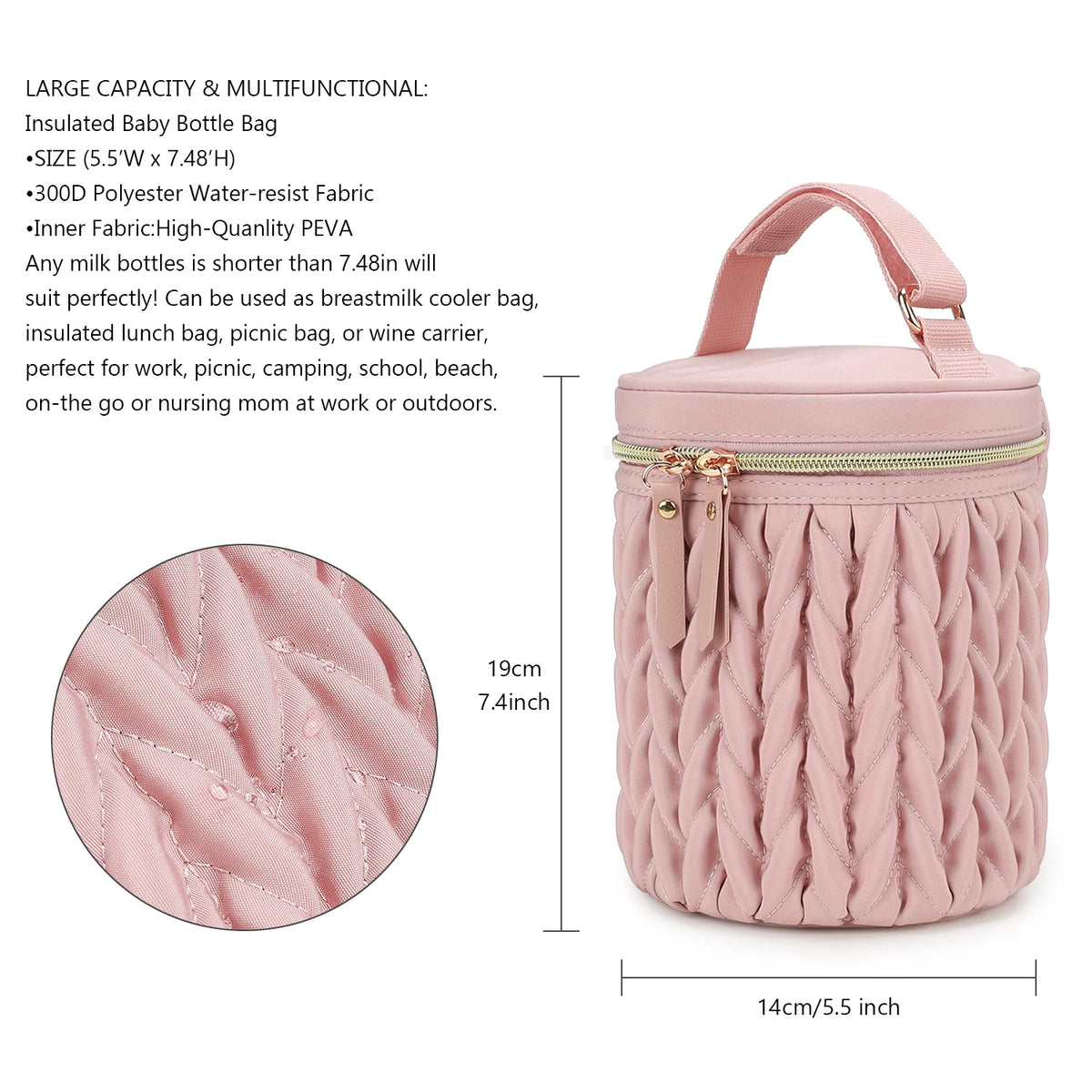 A pink insulated baby bottle bag with a quilted texture and zipper, designed for organizing bottles.