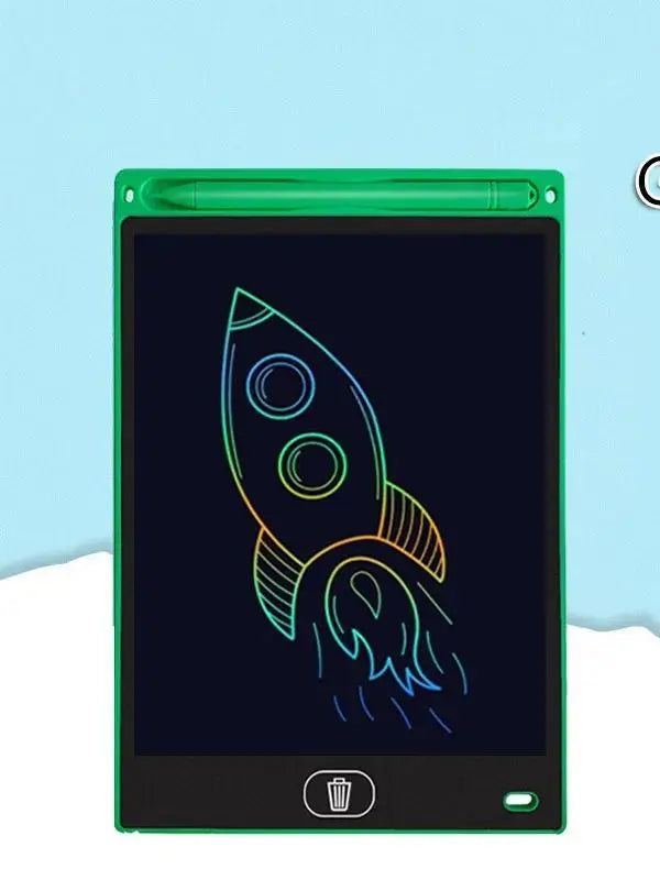 A green drawing tablet displaying a neon outline of a rocket taking off against a dark background.