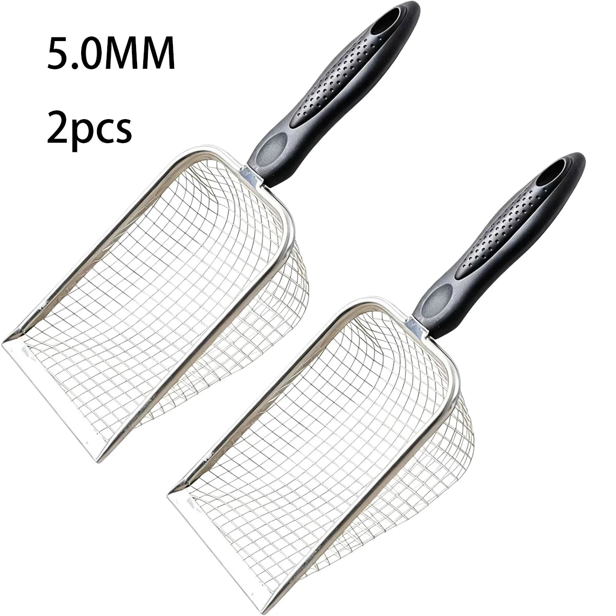 Two black mesh beach sand scoops with handles shown against a white background.