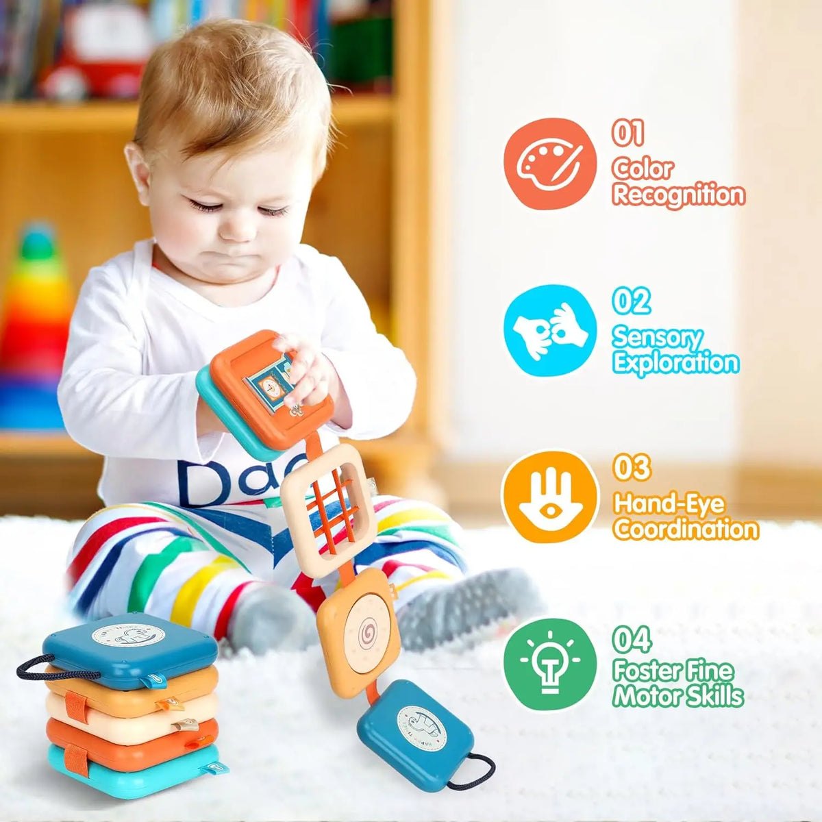 A toddler is interacting with a Montessori busy board featuring activities like color recognition, sensory exploration, hand-