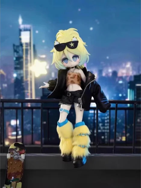 A yellow-haired anime figure wearing sunglasses and a leather jacket stands on a balcony overlooking a city skyline at night.