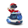 Une figure enfantine en chemise rouge et casque interagit avec une voiture électronique à lumières bleues.
