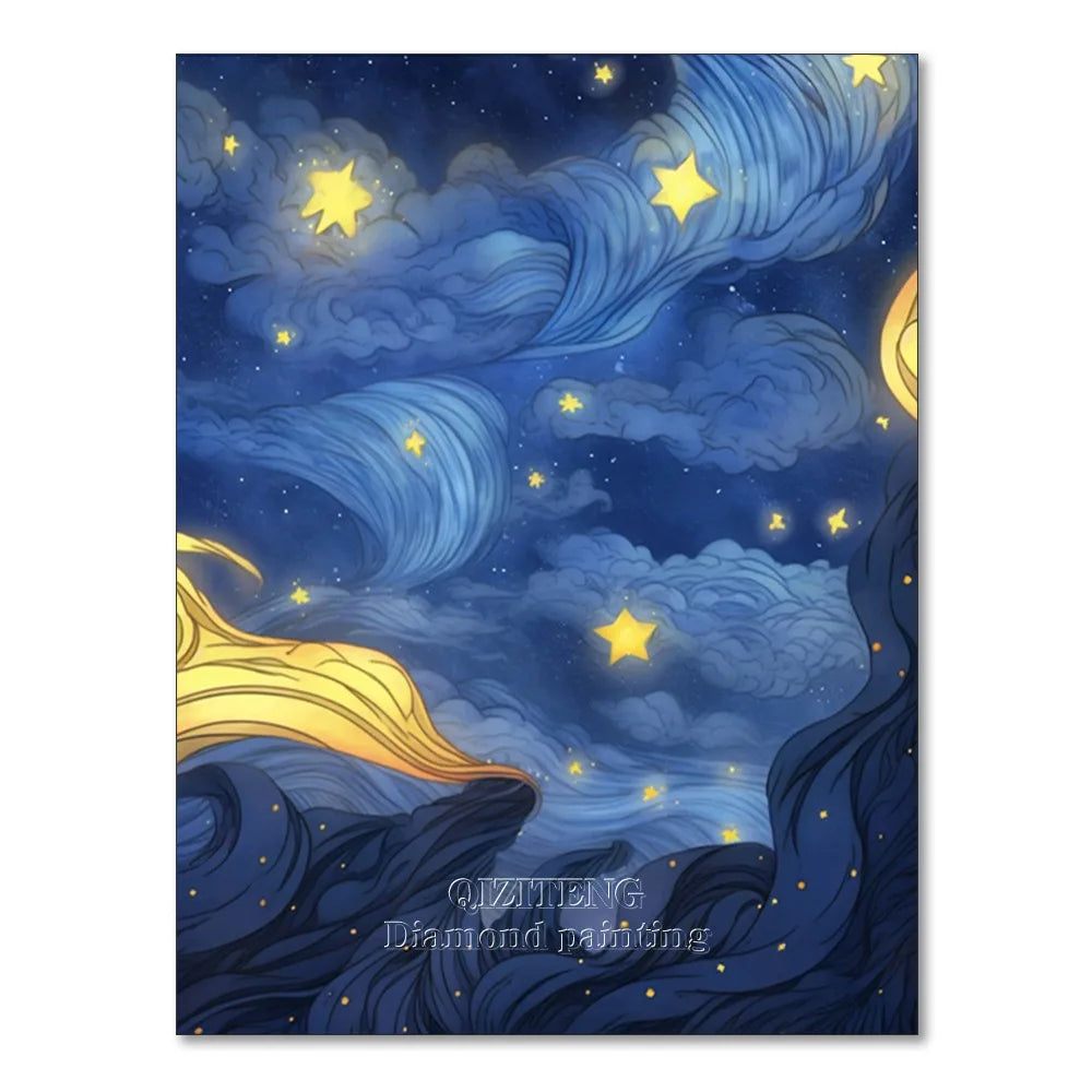 A diamond painting kit featuring a night starry sky scenery with blue and purple clouds and yellow stars.