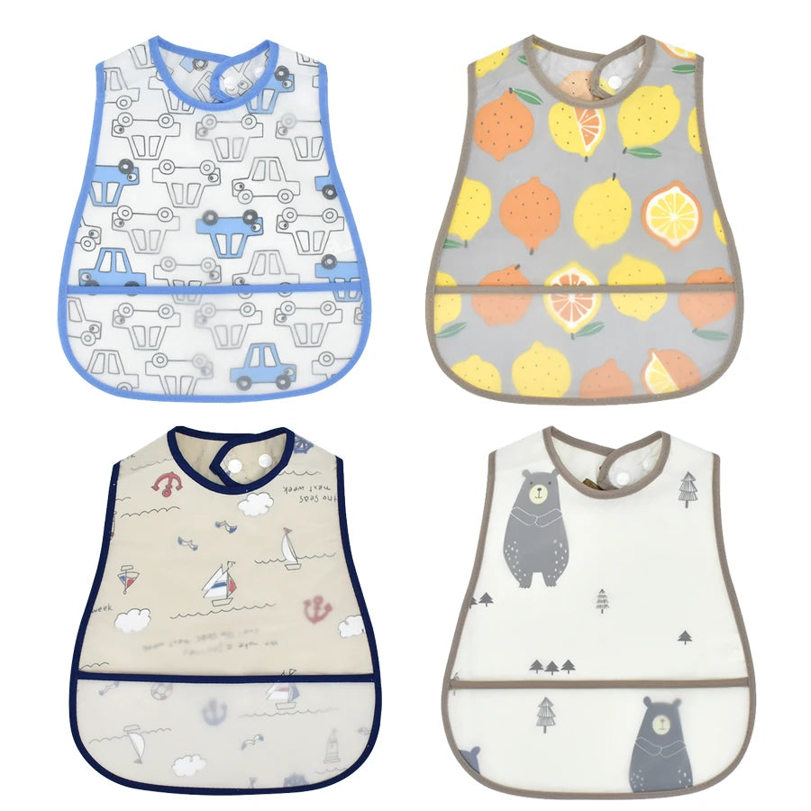 A set of four cute cartoon waterproof baby bibs in various patterns and colors.