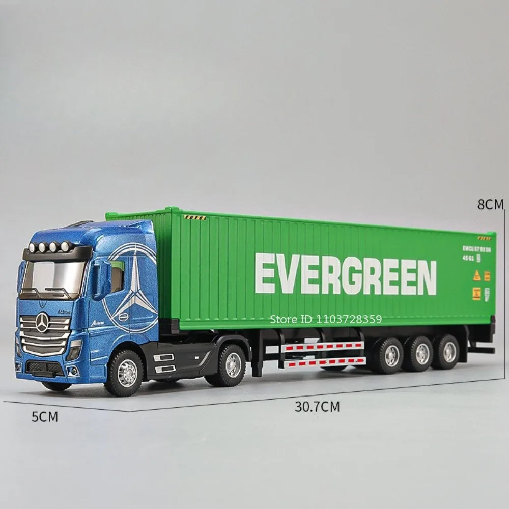 A blue Mercedes-Benz truck hauling a green container model.