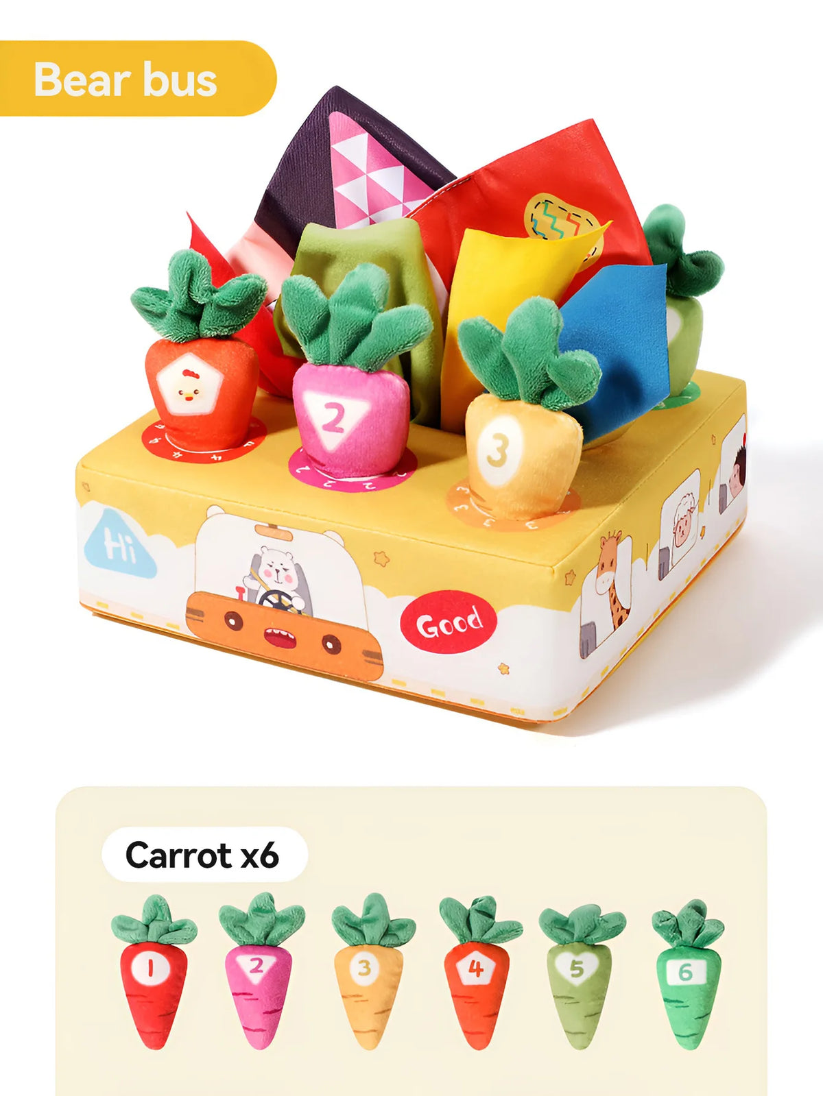 A yellow box containing six soft pulling carrot sensory toys with numbered stems for babies