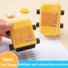 A yellow roll stamp showing addition and subtraction exercises on a sheet of paper.