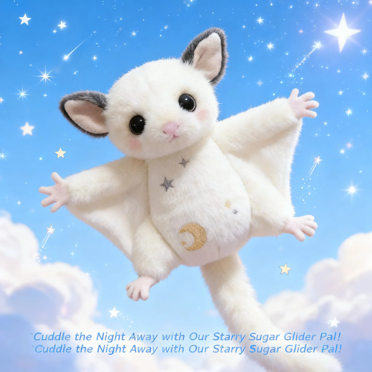 A white fluffy mouse plush with small wings is shown against a blue starry sky background.