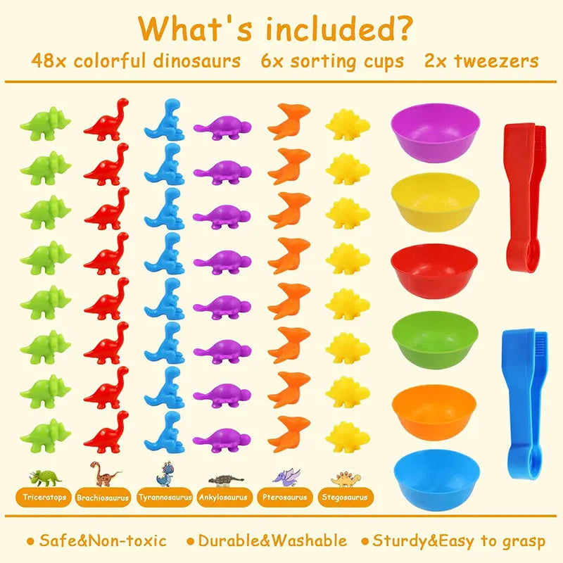 A set of 48 colorful dinosaur figures, sorting cups, and tweezers for a Montessori toy set.
