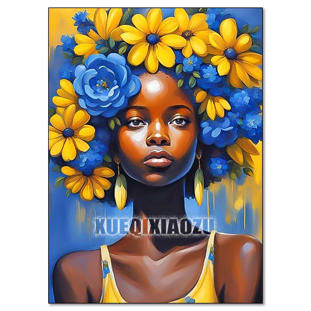 A vibrant painting of an African woman with blue and yellow flowers, rendered in a style suitable for a diamond painting kit.