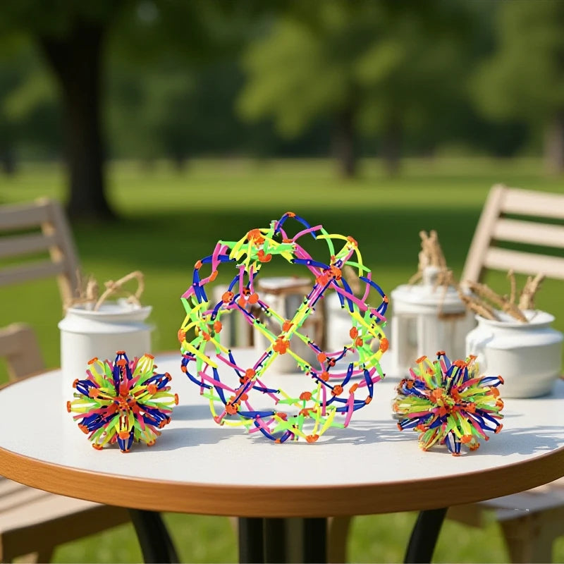 Colorful expandable magic ball stress relief toy with various neon colors resting on a table outdoors.
