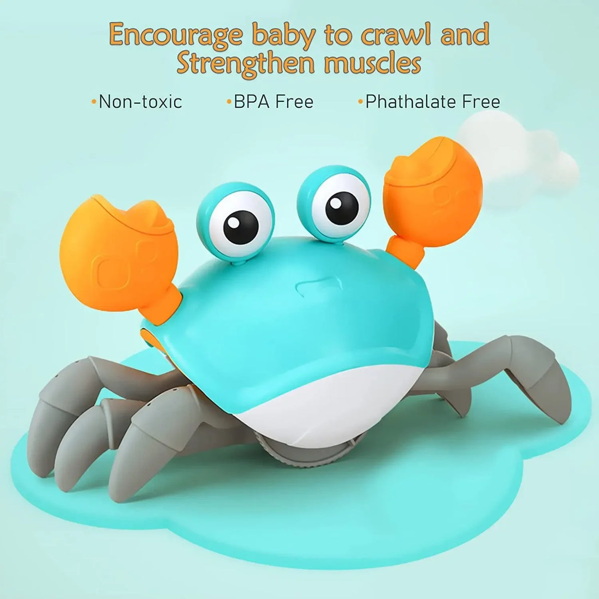 A bright blue and orange interactive music crab toy designed to encourage babies to crawl and strengthen muscles.