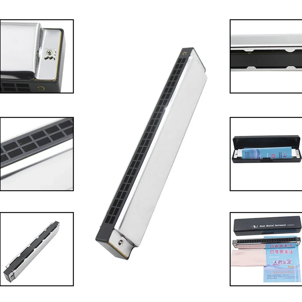 A 24-hole tremolo harmonica in silver with a protective case shown from multiple angles.
