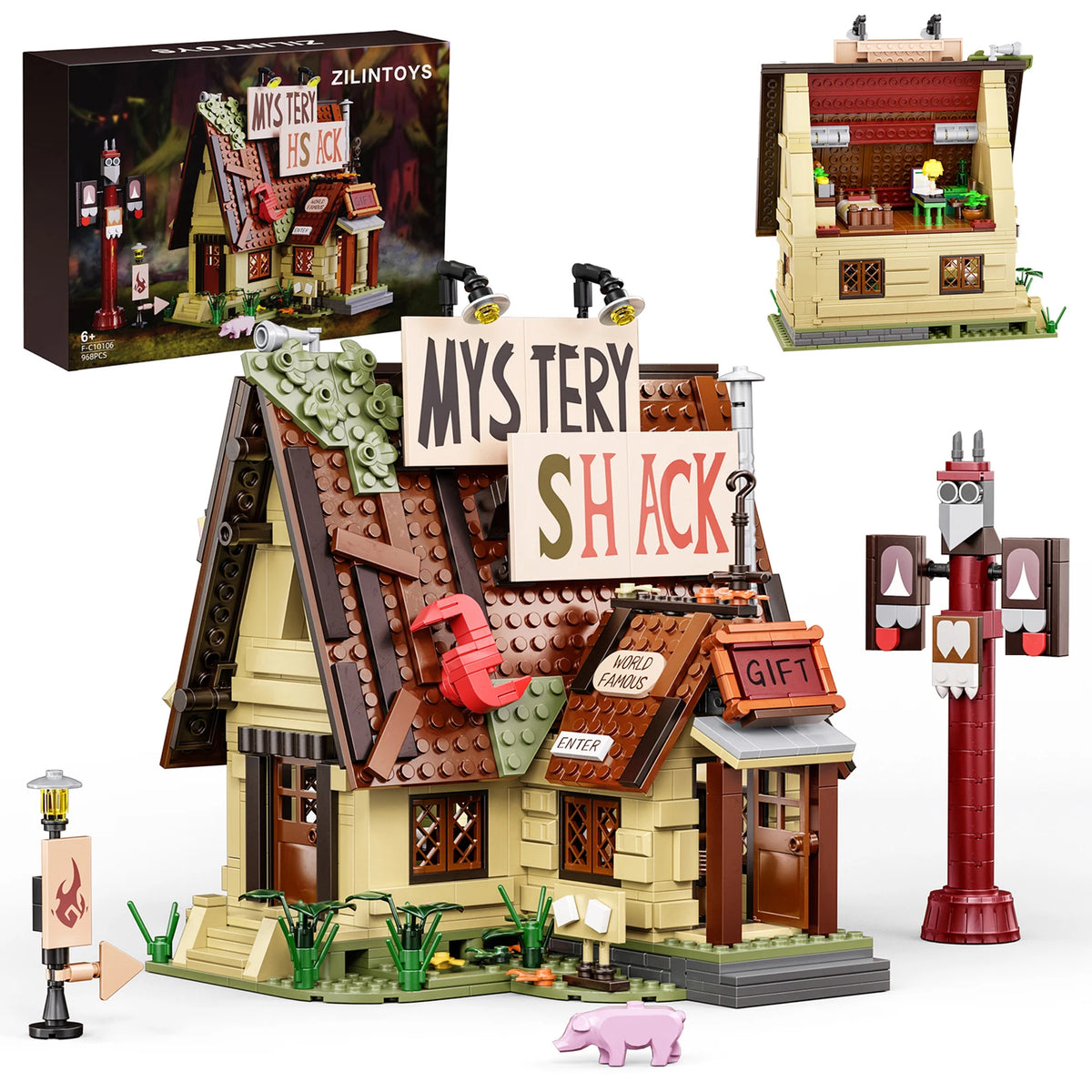 A detailed building block set of a Mystery Shack featuring a wooden facade, roof, and surrounding landscape.