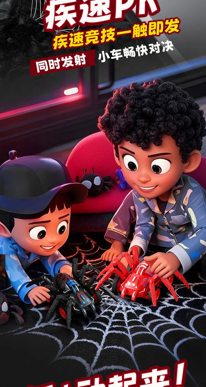 A young child is playing with a red spider-like toy car and black spiders on a black surface.