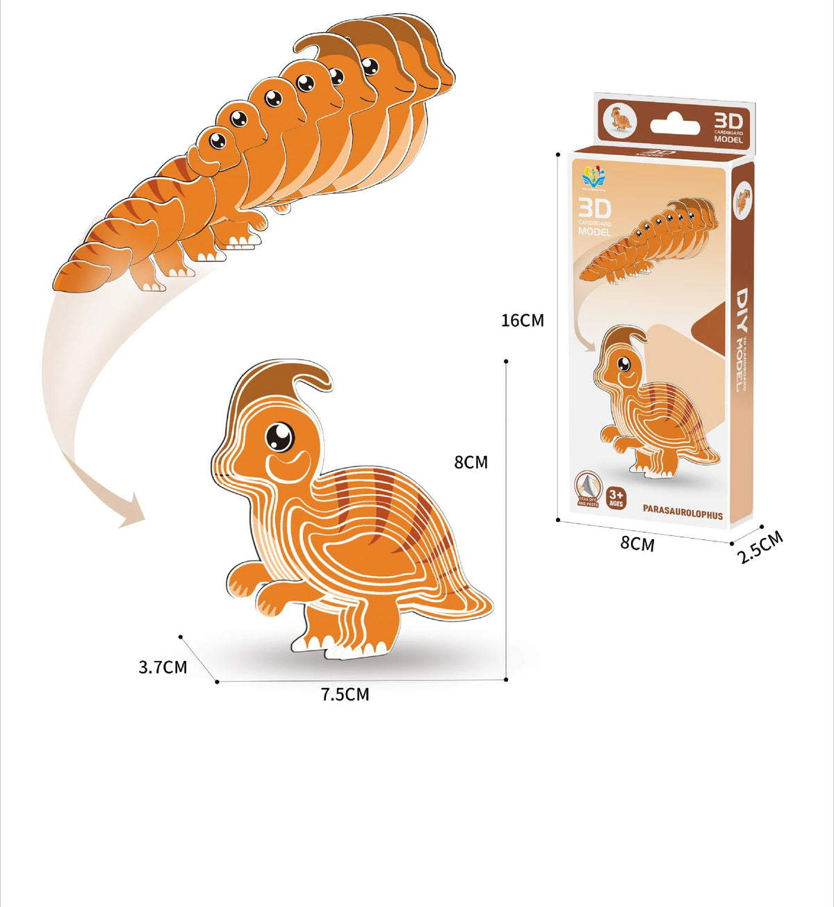 A set of 3D paper animal puzzles featuring dinosaurs and ocean creatures, including a long fish-like creature and a turtle.