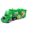 A green diecast toy hauler truck with a green cab and yellow accents, featuring the htB logo.