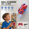 A boy is playing a red remote control car on a white wall, demonstrating the RC car's ability to drive on walls.