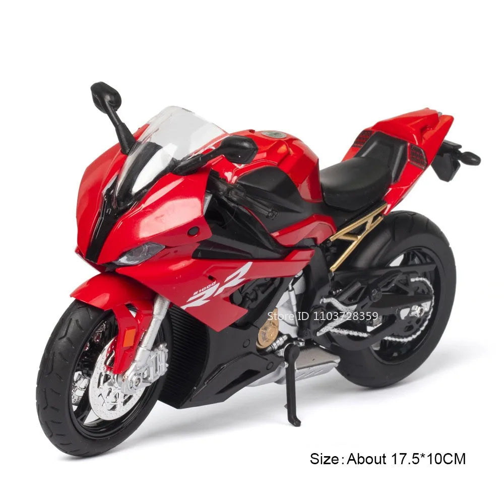 A red and black 1:12 scale die-cast model motorcycle with front steering visible from the side.
